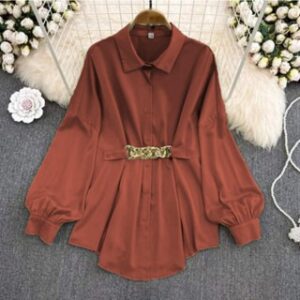 Safaraz Kemeja Wanita Polos Motif Rantai Lengan Balon Korean Style MELDA Oversize Jumbo  M L XL XXL