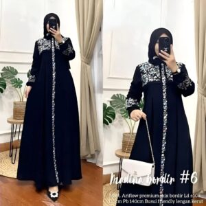 Vallina Outfit – Madina Dress Gamis Bordir Wanita Muslim Matt Cringkle Premium Pesta Kondangan Kekinian Terbaru