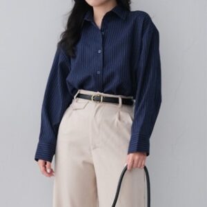 Shustudio – Kama Top | Atasan Wanita Semiwool Premium | Kemeja Salur Formal Wanita Lengan Panjang