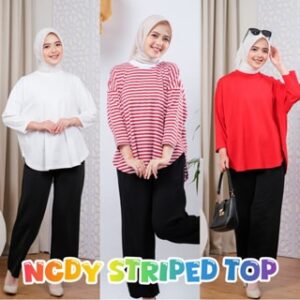 NCDY Striped Top Atasan Wanita Lengan Panjang Salur Belang Bahan Cotton