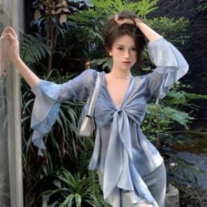 Susana Mall Kemeja Terbaru Biru Tie Dye Lengan Panjang Rumlai Gaya V Neck Outfit Korea M695