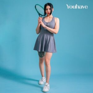YouHave (You’ve) Dress Tennis Dress White Sport Setelan Dress Pakaian Olahraga Wanita Jumpsuit Wanita Workout Gym Yoga include cup bra and short Sportwear Set Wanita Padel Paddle Y00011