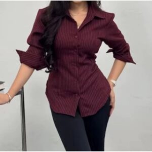 Kemeja Whispie Atasan Wanita Motif Salur Garis Stripe Slim Fit Body – Wispie Working Baby Shirt – Fitted Shirt Kemeja Salur Kantor Kerja Wanita Lengan Panjang Formal Slimfit – Kemeja Luna Stripe Fitted Motif Salur – Kemeja Kerja Wanita Press Body