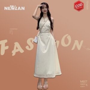 Newlan QZ149 Dress Korean Style/Halter Leher Gantung/Pinggang Tipis/Gaya Liburan/Rok Panjang Rumbai Premium Sleeveless Dress Gaun Wanita Simple Bahan Katun Outfit Pantai Tanpa Lengan White Backless dress A line pantai sexy Dress korean vintage dress midi