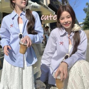 Kemeja Wanita Ribonia Salur Katun Pita Bordir