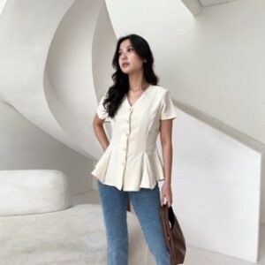 Erika Top Peplum Shirt Lengan Pendek / Slim Fit Shirt Wanita / Kemeja Vneck wanita Kantor Pendek – Eleonor