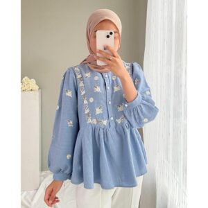 geneaby – Keira Gishele Kemeja Atasan Oversize Korean Style Full Bordir Mewah Terbaru Lucu Gemesh Lengan Balon Full Bunga Outfit Kerja Casual Pesta Daily