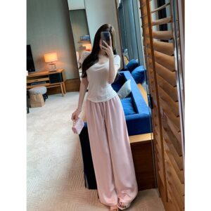 2TOYOUNG Celana merah muda celana panjang lurus kasual wanita outfit wanita kekinian celana highwaist wanita celana wanita