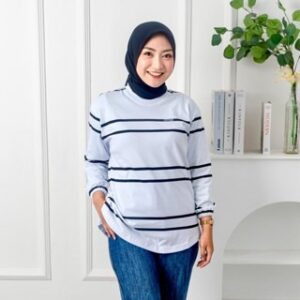 COTTEND STRIPE Atasan kaos Wanita OVAL lengan Panjang Lengan Garis Bahan Katun combed