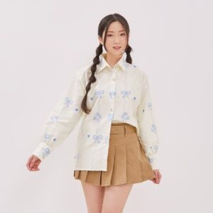 Blue Ribbon Printed Blouse | Wilexa Official | Kemeja Wanita Full Print | Korean Blouse | Atasan Lengan Panjang