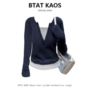 BTAT Kaos V Neck Wanita Lengan Panjang Biru / Dua Potong Palsu Kaos Premium Tombol