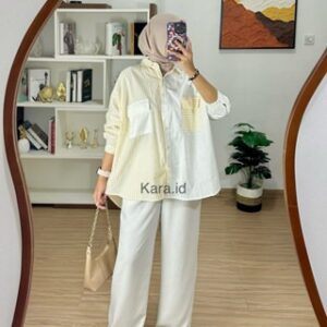 KARA.ID POCKET KOMBINASI Salur Kemeja Oversized Pakaian Wanita Stripe Shirt Atasan Lengan Panjang