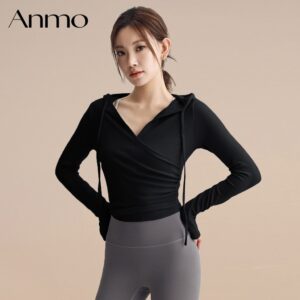 ANMO-Baju olahraga wanita lengan panjang V-neck dengan hoodie, cocok untuk lari dan yoga.