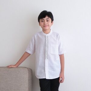 LOA STUDIOS – Baju Koko Kemeja Anak Bordir Lengan Pendek Putih – Kanz Kids