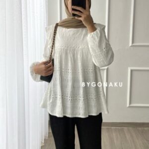 [GONAKU] Yoona Blouse Katbol Katun Bordir Kemeja Putih | White Outfit Full Furing Korean Style | Atasan Wanita Busui Friendly