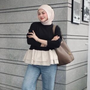 Floral Id – Blouse Peplum Knit Mix Poplin Nerina Blouse Rample Wanita Lengan Panjang
