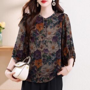 TENDBLANK Kemeja Wanita Lengan 3/4 Kerah Bulat Motif Bunga Vintage | Bahan Adem Nyaman | Desain Elegan | Gaya Retro | OOTD Kasual & Formal | Atasan Wanita Terlaris