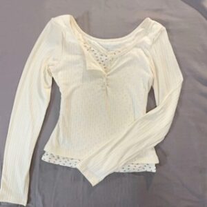 Kaus Lengan Panjang Dua Potong Palsu Sambungan Renda Atasan Slim Fit Aprikot Fashion Wanita Gaya Korea