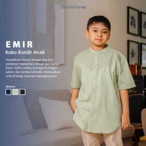 Coop Design – Emir Koko Anak Bordir Kurta Kerah Changi Collarless Katun Polos Lengan Pendek Anak Laki-Laki
