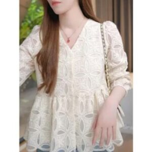 [ COD~Ready] JelitaCeria Atasan Lengan Panjang Motif Bunga, Baju Atasan Lengan Panjang Leher-v Motif Bunga, Baju Elegan