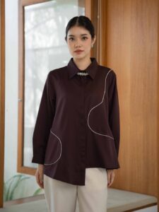 Mayoutfit Eimi Shirt | Kemeja Wanita Basic mahogany Asimetris Aksen Bordir Line Embroidery