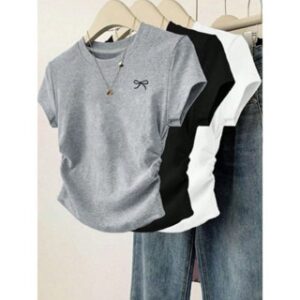 Baju Oblong Wanita Lengan Pendek/Bahan Spandek Distro Printing Premiun/Atasan / Baju Kasual/T-shirt KERUT SAMPING MOTIF PITA