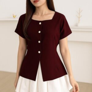 ELYSE | Soren Top Atasan Lengan Pendek | Avery Top | Wanita Modis & Simple, Bahan Nyaman, Cocok untuk Gaya Casual dan Formal Baju Hitam Cewek Kancing