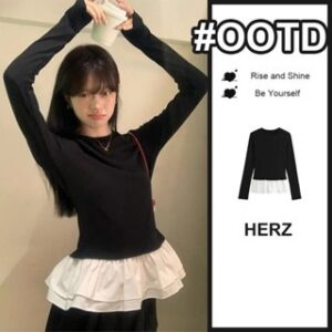 hitam Kaos wanita Kerah bulat lengan panjang slim fit yang membuat tampak langsing Hiasan payet bergaya ballet/Atasan lengan panjang bergaya santai Korea dengan nuansa street style untuk cewek modis
