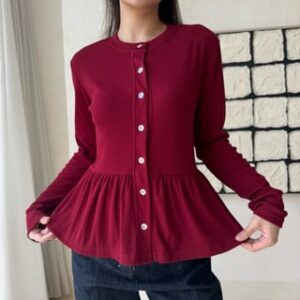 EUNI TOP – Atasan Kardigan Peplum Knit Wanita Babydoll Top Lengan Panjang Kancing Basic SOMA