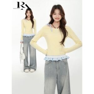 RIOD AOER |COD| Kaos lengan panjang kuning musim semi wanita 2025 baru palsu dua potong ramping renda hem off-shoulder atasan