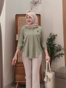 Kemeja Bordir Logo Atasan Wanita Lengan 7/8 Terbaru // Atasan Katun Baju Cewek Oversize Basic
