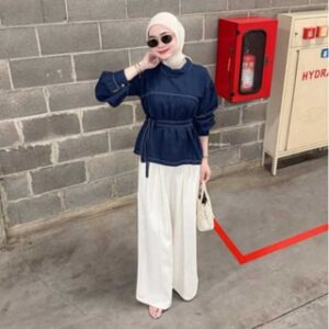 Pola Wear Blouse Denim Wanita Look Korean Style  Atasan Jeans Casual Modis Ikat Pinggang Farra