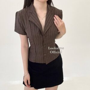 MAEVE SHIRT – Atasan Kemeja Salur Stripe Wanita V Neck Lengan Pendek / Fitted Shirt Shortsleeve Office Formal Look