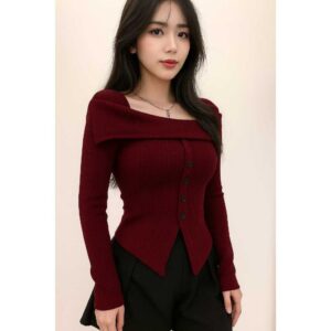 Audy Top Atasan Wanita Korea Style Serut Long Sleeve Kemeja Basic Stretch Rajut Import Knitwear Baju Panjang Kerah