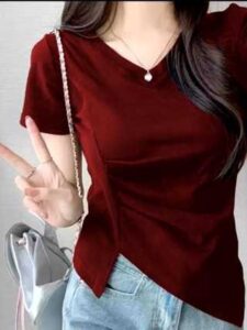 FD Fashion / Kaos V-Neck Lengan Pendek Lipatan Slit Asimetris Samping / Kaos Atasan Wanita Korean Kekinian 6065