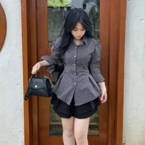 Dnear – kemeja Stripe Rempel Fit Body Wanita Casual Daily Formal Salur Korean Look Fitted Shirt
