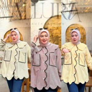 Felicya Kemeja Blouse Wanita Top Atasan Kancing Lengan Panjang Kerah Layer Katun – Allura.id