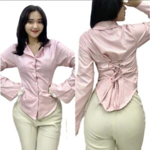 Shasa Fitted Shirt | Atasan Kemeja Wanita Katun Salur Mikro