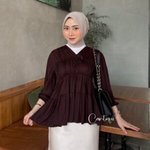 Cantiqu – Mireya Blouse Kerut Rayon Atasan Wanita Polos Warna Lengan Panjang