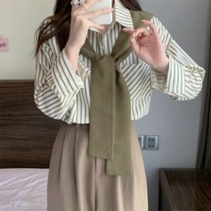 EMITA BLOOM Kemeja Wanita Lengan Panjang Bergaris Poliester Vintage Korea Hijau Abu-Abu Kopi Muda Atasan Wanita Kekinian