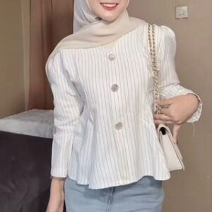 ELEZZA- Arika Blouse Stripe Atasan Wanita Peplum Lengan Panjang Puff Fit Body Fitted