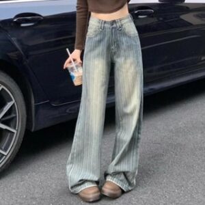 Jeans High waist Biru Kain bergaris vertikal fashion loose jeans wanita baggy outfits fading gombrong straight remaja Loose jeans