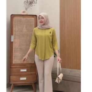 Kemeja Bordir Logo Atasan Wanita Rayon Twill Lengan 7/8 Terbaru