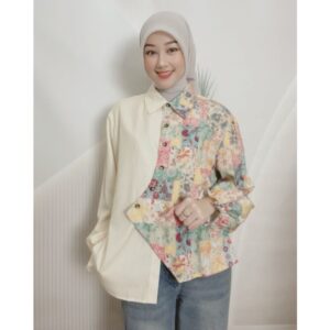 CHICMORE Atasan Kemeja Wanita Lengan Panjang Motif Bunga Casual | Atasan Wanita Muslimah | Kemeja Kasual Terbaru | Atasan Santai Harian | Original By CHICMORE | Warna Biru/Kuning/Kopi | Kemeja Asimetris | Bahan Adem Nyaman | Fashion Muslimah Terkini