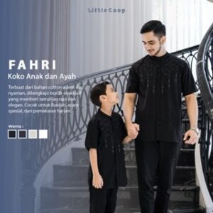Little Coop – Fahri Koko Couple Ayah Anak Bordir Kurta Kerah Changi Collarless Lengan Pendek Dewasa & Anak usia 4-15 Tahun