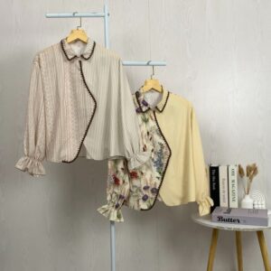 CHICMORE Atasan Kemeja Pakaian Wanita Motif Bergaris Mode Korea Terbaru