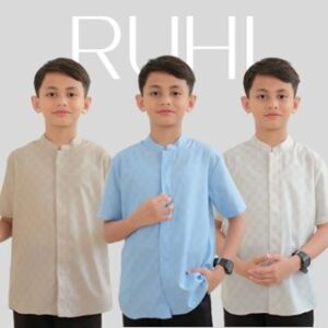 LOA STUDIOS – Baju Koko Kemeja Anak Print Motif Lengan Pendek Sky Blue – Ruhi Kids