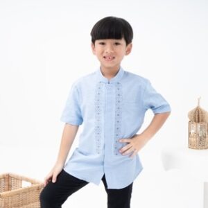 LOA STUDIOS – Baju Koko Kemeja Anak Bordir Lengan Pendek Sky Blue – Arqa Kids