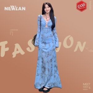 Newlan QZ189 Dress Gaun Motif Retro Rok Panjang Terompet Wanita MAXI Dress Bunga Biru Casual Korean Dress Kasual Fashion Outfit Summer Party Dress Sexy Seksi Holiday Dress Picnic Flowy Long Dress Motif Bunga Pantai Pressbody Bohemian GAUN