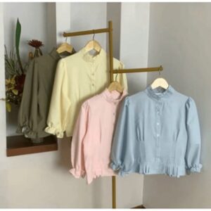Atasan Wanita Blouse Kerah Rempel Lengan Balon Kemeja Panjang Casual Kantor Katun Linen Korean Style